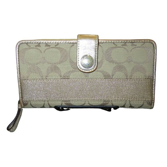 Coach Signature C Canvas Leather Glitter Zip Around & Snap Closure Long Wallet - Picture 1 of 12